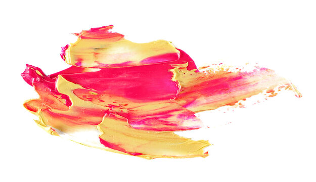 Photo yellow red grunge brush strokes oil paint isolated on white, top view, clipping path  