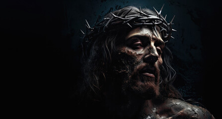 Jesus Christ wearing crown of thorns Passion and Resurection. jesus day holy,Easter card, Good Friday. Generative AI - obrazy, fototapety, plakaty