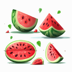 A set of watermelon-themed vector graphics, perfect for food and beverage designs.