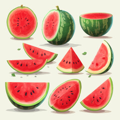 A pack of cute watermelon stickers as vector illustrations, great for decorating your artwork.