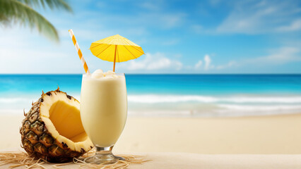 Piña colada cocktail on the beach, with copy space for text. Generative AI and digital editing.