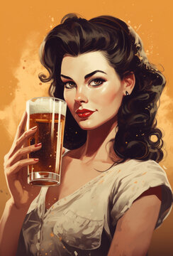 Pretty Pin-Up Girl Holds Beer Glass. Retro Poster of A Beautiful Young Brunette Woman Drinking Beer. Generative AI.