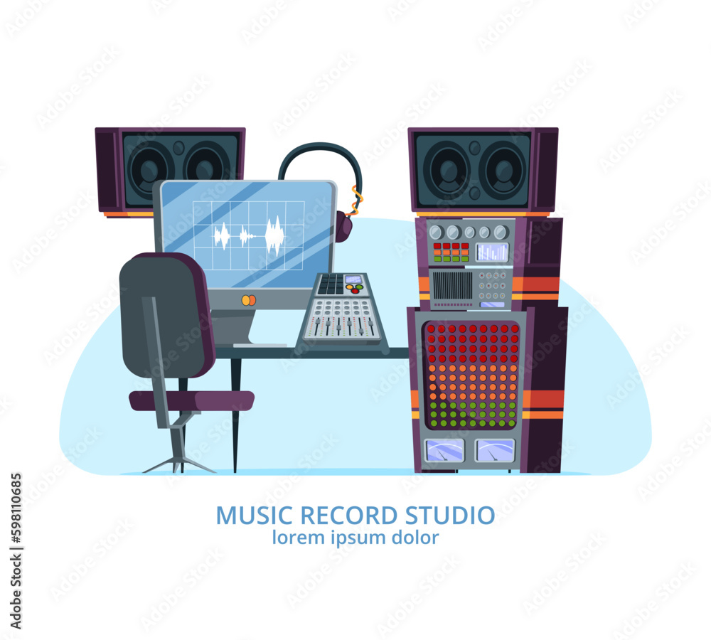 Poster Music studio. musical and computer gadgets for professional recording studio. audio speakers headsets vector illustrations