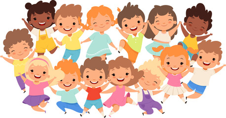 Funny kids group. Happy faces expressions, positive multicultural children, fun smiling friends portrait isolated vector illustration