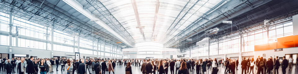 blurred business people at a trade fair or walking in a modern hall - obrazy, fototapety, plakaty