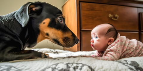 Curious doberman dog looking at newborn at home. The concept of relationships between baby and dog. Pets in family with newborn. Baby holding dog's mazzle. Family members, digital ai