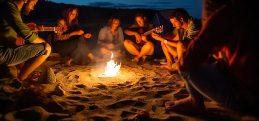 Blurred group of young people having fun sitting near bonfire on a beach at night playing guitar singing songs. digital ai art	