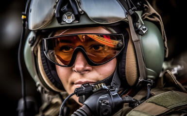 fighter woman pilot at airfield on mission standby. Pilot Wearing Mask And Helmet with copy space, digital ai art	