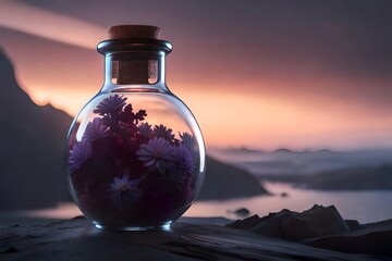 Pink flowers in a glass bottle, Generative AI