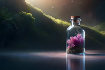 Pink flower in a glass bottle, Generative AI