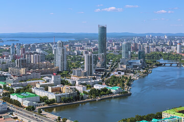 Yekaterinburg, Russia. Yekaterinburg-City district at the shore of the city pond, and north-west side of the city. View from observation deck at 186m above the ground.
