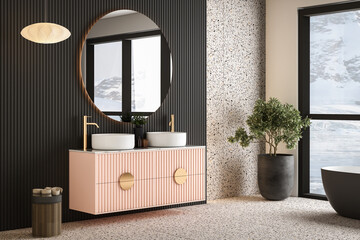 Naklejka premium Modern minimalist bathroom interior, modern pink bathroom cabinet, white sink, wooden vanity, interior plants, bathroom accessories, black-white bathtub, panel wall, terrazzo flooring.3d rendering