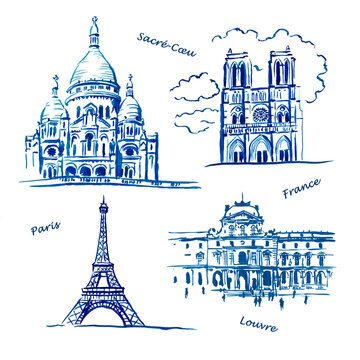France, travel. tourism, french seasides , Notre Dame Cathedral , Eiffel tower, old architecture, monuments, sketch , Sacre Coeur Basilica , Basilique Du Sacré-Cœur