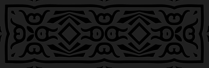 Banner, decorative cover design. Embossed ethnic 3D tribal boho pattern, handmade, ornaments. Geometric black background. Oriental, Indonesian, Mexican, Aztec art. Vintage decor.