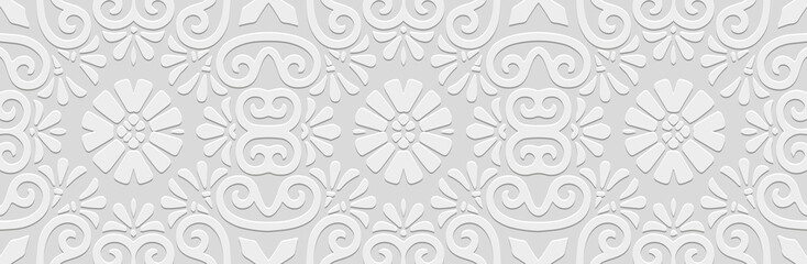 Banner, luxury cover design. Embossed ethnic 3D tribal boho pattern, handmade, ornaments. Geometric white background. Oriental, Indonesian, Mexican, Aztec art. Vintage decor.