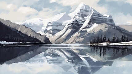 Majestic Wilderness in Canada: Reflection of Mountains in Glacier Lake Forms a Serene Landscape of Natural Beauty. Generative AI