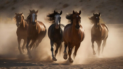 Fototapeta na wymiar Horses with long mane portrait run gallop in desert dust, Generative Ai