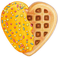 watercolor hand drawn heart shaped waffle