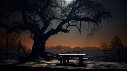 Old wood table and silhouette dead tree at night for Halloween background