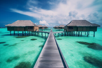 luxury water villas resort and wooden pier. Beautiful sky and ocean lagoon beach background. Summer vacation holiday and travel concept. Paradise vacation. Generative ai. High quality Generative AI