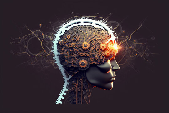 Head with Gears in mechanical brain spinning with ideas sparking, illustrative