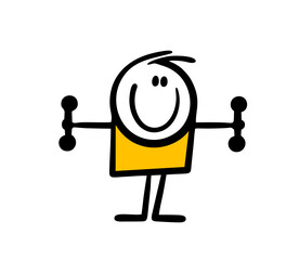 A little boy does morning exercises and holds heavy dumbbells in outstretched hands.