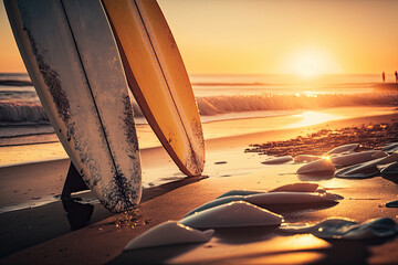 Surfboards standing upright on the beach. Sense of excitement, relaxation, adventure. End of an exciting day of surfing. Nostalgia for past beach trips. Surfing lifestyle culture. Generative ai