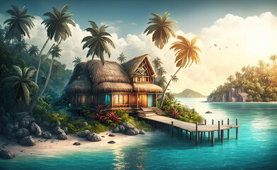 Tropical bungalow house on the ocean surrounded by lush greenery. Peaceful and inviting atmosphere. Rustic charm. Natural, eco friendly feel. Turquoise waters and white sandy beaches. Generative ai