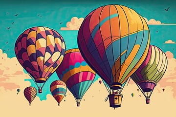 Fototapeta premium Multicolored flying balloons aerostats flying high up in the sky. Sense of freedom, adventure, excitement, and joy. Generative ai