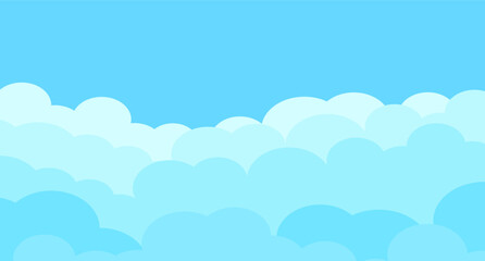 Cartoon sky and clouds isolated on blue background. Sky clouds for background template, flyer, wallpaper, banner, poster and fluffy sky design. Flat clouds concept. 3D web clouds, vector illustration