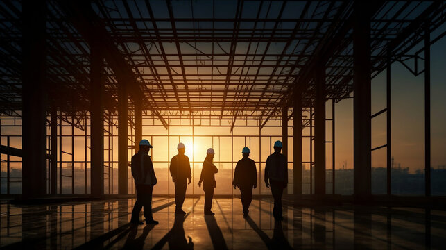 Silhouette of engineer and construction team working at site over blurred background for industry background with Light fair.Create from multiple reference images together, Generative Ai