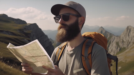 Hiker with Map, Backpack Enjoys Stunning Mountain Panorama at High Altitude, AI,