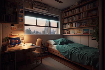 Small teenage bedroom with a single bed, bookshelf, computer desk and air conditioning above window, created with Generative AI