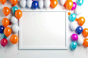 Frame of colorful balloons for party with blank white copy space for text. © Melipo-Art