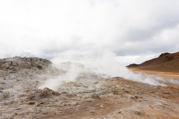 Hverir mud pools day view, Iceland landmark