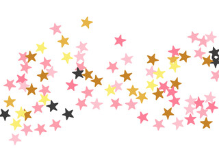 Fashionable black pink gold stars falling vector background. Many stardust spangles birthday decoration particles. Celebration stars falling wallpaper. Spangle particles greeting decor.