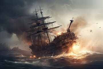 A Dreadful Sea Disaster: The Sinking of a Pirate Ship in a Desperate Battle. Generative AI
