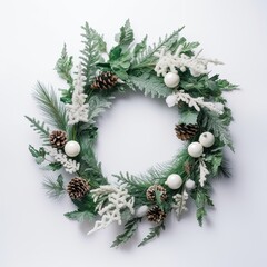 Fototapeta na wymiar A Festive Christmas Wreath to Brighten the Season: Pine Branches, Ribbons & a Sparkle of Green. Generative AI