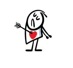 Cartoon unhappy man in love with an arrow in his chest and heart.