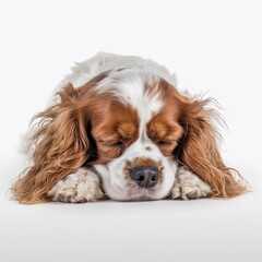 Cute Puppy: White Cavalier King Charles Spaniel Isolated on an Invisible Background. Generative AI