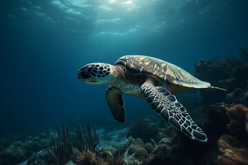 Fototapeta premium Hawksbill sea turtle swimming above the coral reef. generative ai. High quality photo Generative AI