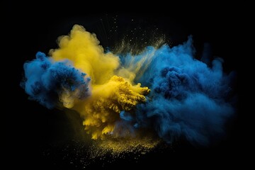 Peaceful Unity: Blue and Yellow Powder Explosion Symbolizing Ukrainian Flag, Generative AI