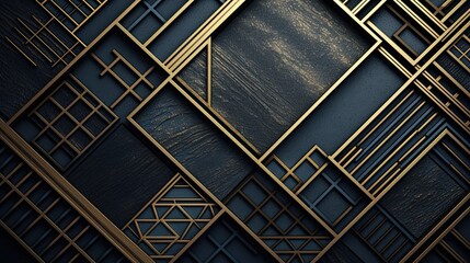 Modern Geometric Patterns - Industrial Textures in Gold Blue and Black Metal, Leather and Wood. Generative AI