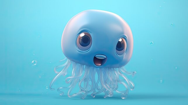 Cute 3D Jellyfish Character: Realistic Fantasy Sea Animal with Big Eyes & Cartoon Illustration - 3D Render Art, Copy Space Background. Generative AI
