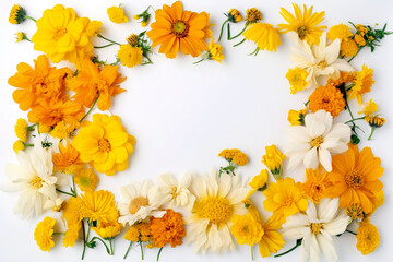 Frame of bright and warm yellow summer flowers with blank white copy space for text.