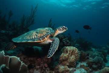 Naklejka na ściany i meble Hawksbill sea turtle swimming above the coral reef. generative ai. High quality photo Generative AI