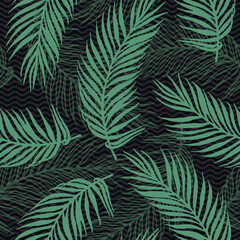 Seamless jungle palm leaves vector pattern. Floral elements over waves texture