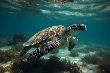 Hawksbill sea turtle swimming above the coral reef. generative ai. High quality photo Generative AI
