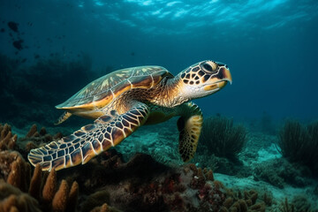 Naklejka na ściany i meble Hawksbill sea turtle swimming above the coral reef. generative ai. High quality photo Generative AI