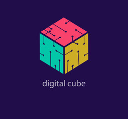 Creative digital line cube logo. Unique design color transitions. Custom tech connection logo template. vector.